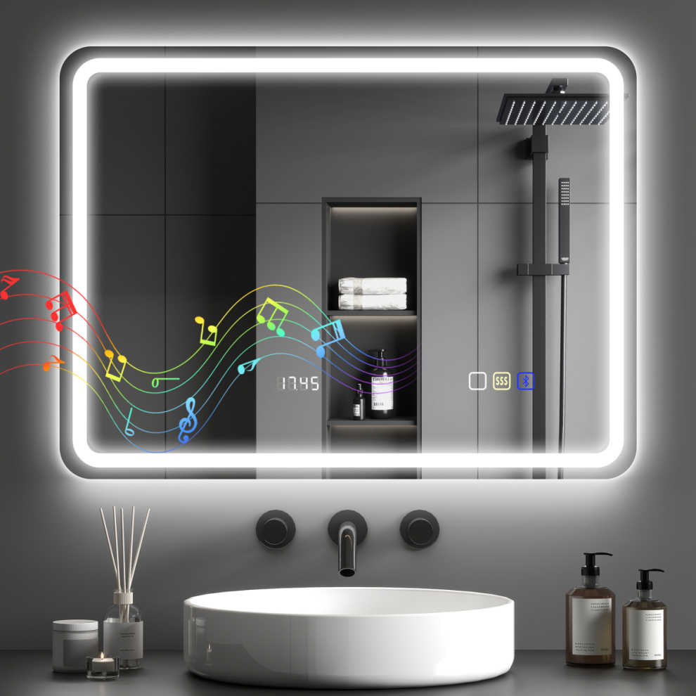 Homcom 600 X 800 Mm Illuminated Bathroom Mirror With Bluetooth Clock Silver