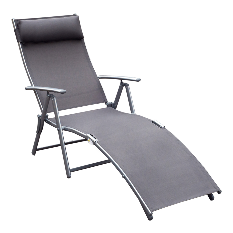 Outsunny Sun Lounger Recliner W/ Pillow Foldable 7 Levels Textilene Grey