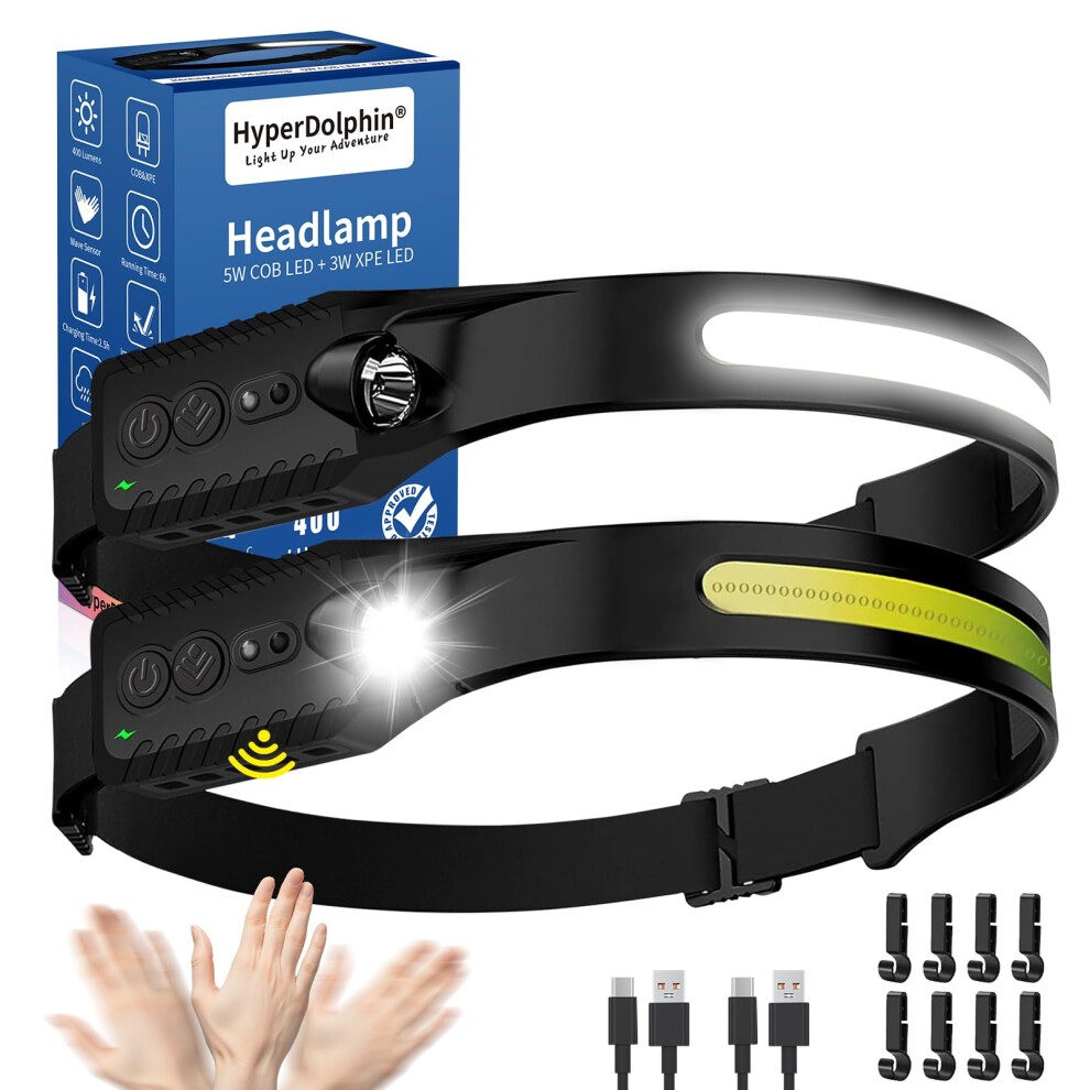 Head Torch Rechargeable [2 Pack], 400 Lumen Waterproof LED Headlamp wi