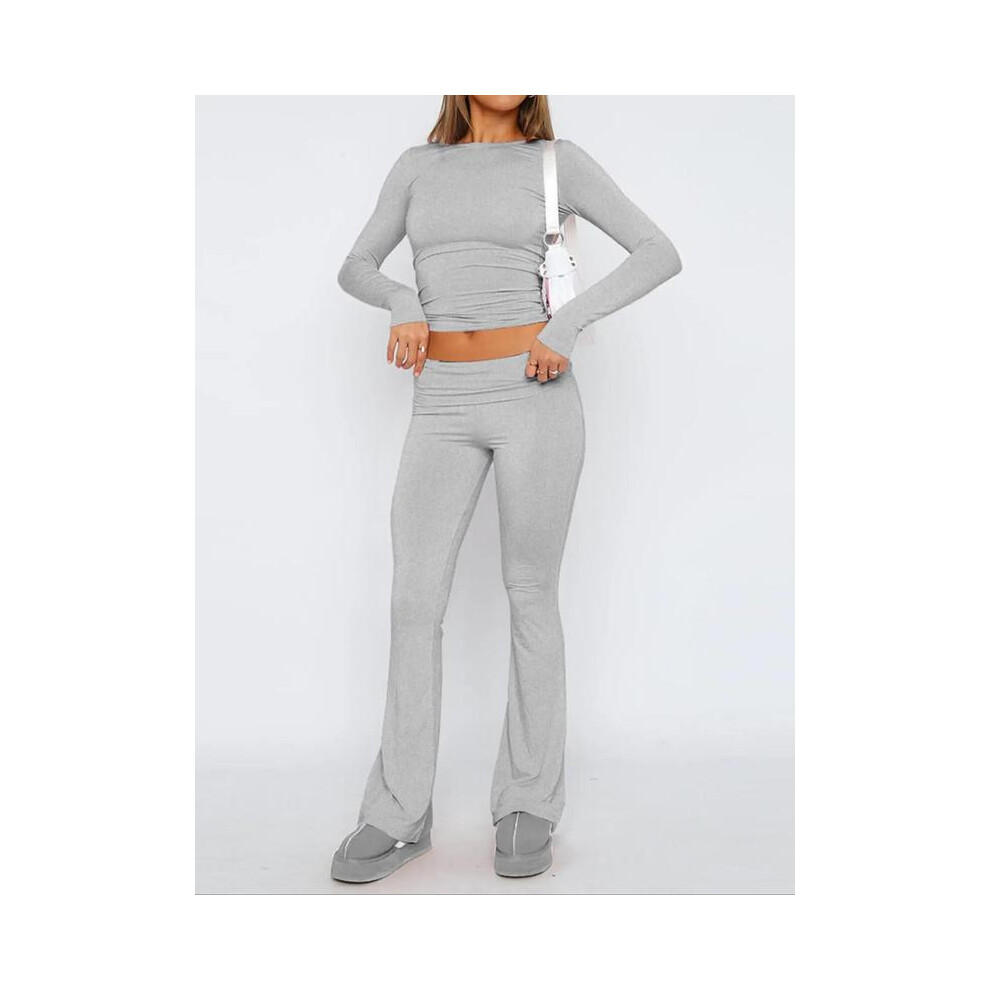 (Grey, L) Women's Solid Long Sleeve Crop Tee & Flare Leg Skinny Pants Loungewear Set, Casual Round Neck Top & Bell Bottom Leggings, Sleepwear Set for