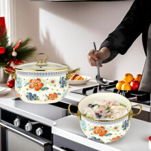(Colorful Floral B, 20cm*1) Flower Pattern Stockpot with Lid, 1 Count Double Ear Ceramic Soup Pot with Handle, Large Capacity Cooking Pot for Home Kitchen