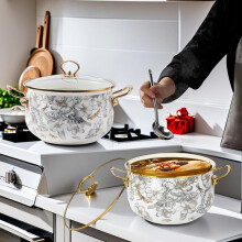 (Gray Floral, 18CM) Flower Pattern Stockpot with Lid, 1 Count Double Ear Ceramic Soup Pot with Handle, Large Capacity Cooking Pot for Home Kitchen