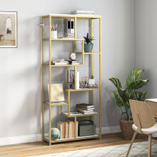 HOMCOM Modern Bookcase 7-Tier Bookshelf Shelving Unit White Gold Tone
