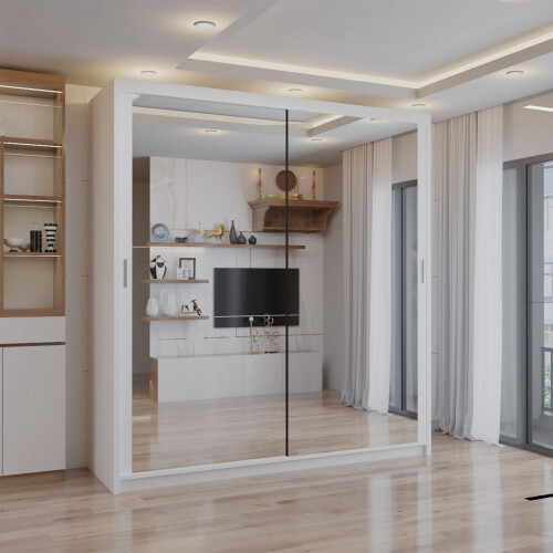 (White, 90cm) Double Mirror Sliding Door Wardrobe with Shelves 1
