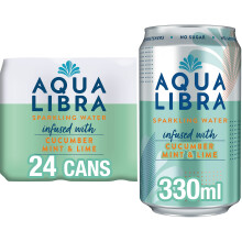 Aqua Libra Sparkling Water Natural Flavour No Sugar Low Calorie Refreshing Cucumber Mint and Lime 330 ml Pack of 24 cans