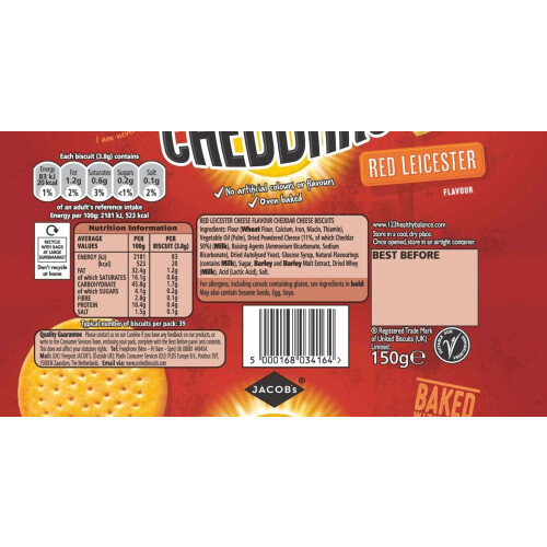 JACOBS Cheddars Red Leicester Flavour Cheese Biscuits 150 g Pack of 1 1