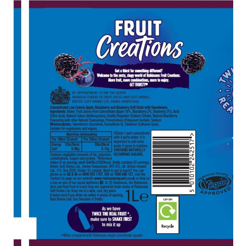 Robinsons Fruit Creations Blackberry  Blueberry Squash 1L 1