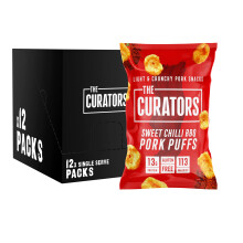 THE CURATORS High Protein Pork Puffs Sweet Chilli BBQ 22g 12 Packs 13g Protein Crisp Low Carb Keto Gluten Free Savoury Snack