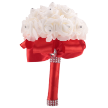 Hermoso ramo de novia para dama de honor, ramo de novia con flores artificiales, rosas blancas, ramos de novia con cinta roja y blanca.