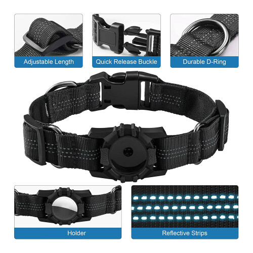 Collier réfléchissant pour chien Airtags - Réglable et robuste - Noir 1