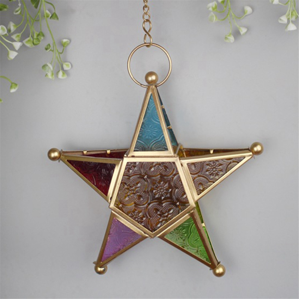 Exogio Hanging Candle Lantern,Moroccan Style Glass Five-Pointed Star Shaped Tealight-Holder For Wedding,Garden Yard, Gold