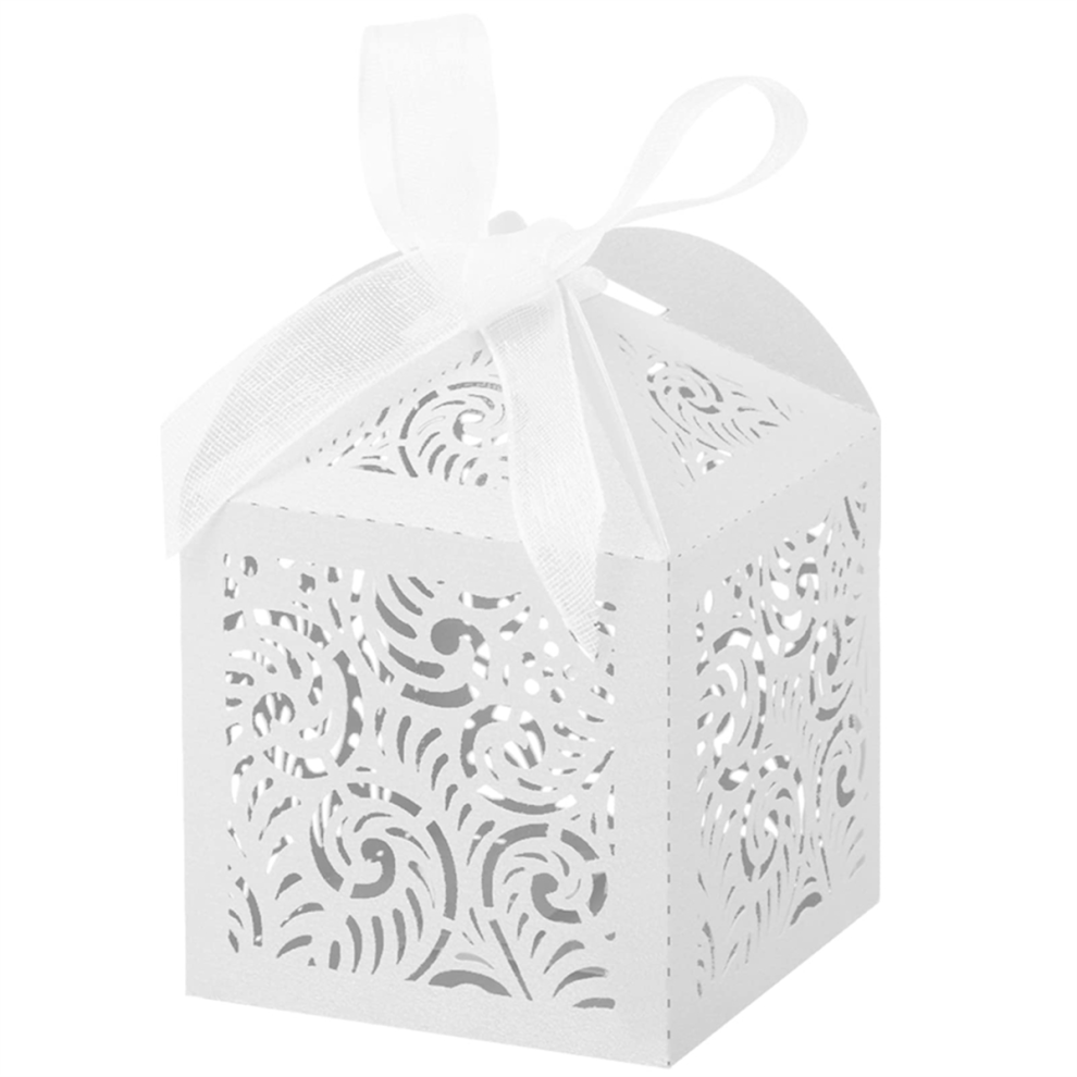 100Pcs Laser Cut Favor Boxes, 2X2inch Small Gift Boxes For Presents, Party Wedding Favors With Ribbon, White 4852872818230