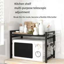 Extendable Microwave Oven Rack 2-Tier Stand with Storage Shelf Heavy Duty 6 Hooks