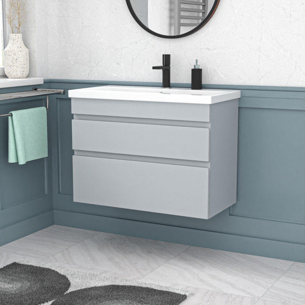 Nes Home Wall Hung Matte 800Mm 2 Drawers Vanity Unit & Basin Sink Grey