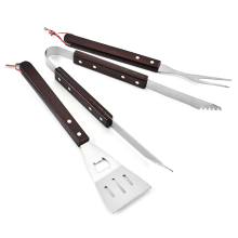 Barbecue in acciaio inox, set da tre pezzi, manico in legno, forchetta, pala, clip, combinazione