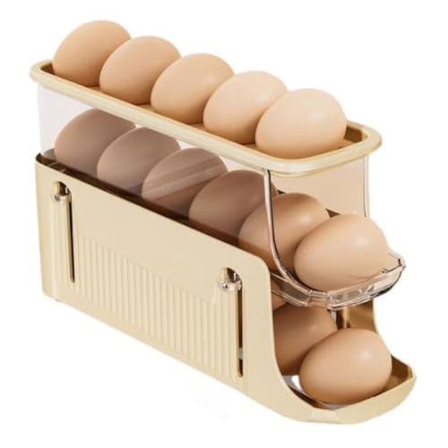 3 Tier Foldable Egg Holders,Rolling Holder for Refrigerator,Automatic Rolling Storage Tray,Egg Tray Cream Color 2