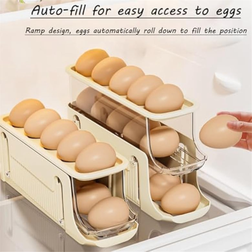 3 Tier Foldable Egg Holders,Rolling Holder for Refrigerator,Automatic Rolling Storage Tray,Egg Tray Grey 2