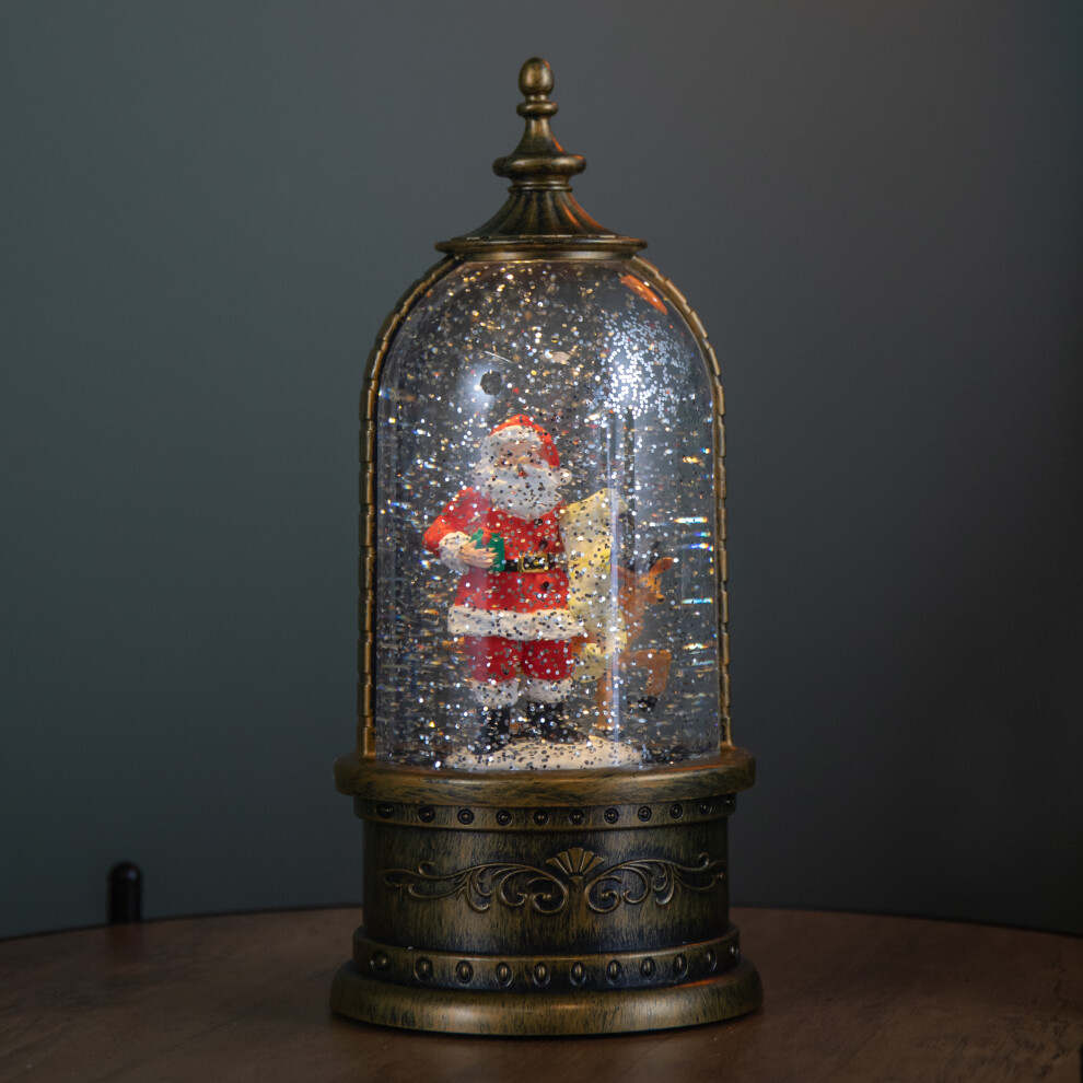 Snow Time 29Cm Battery Operated Up Led Christmas Cloche Water Spinner With Santa & Deer Scene Light