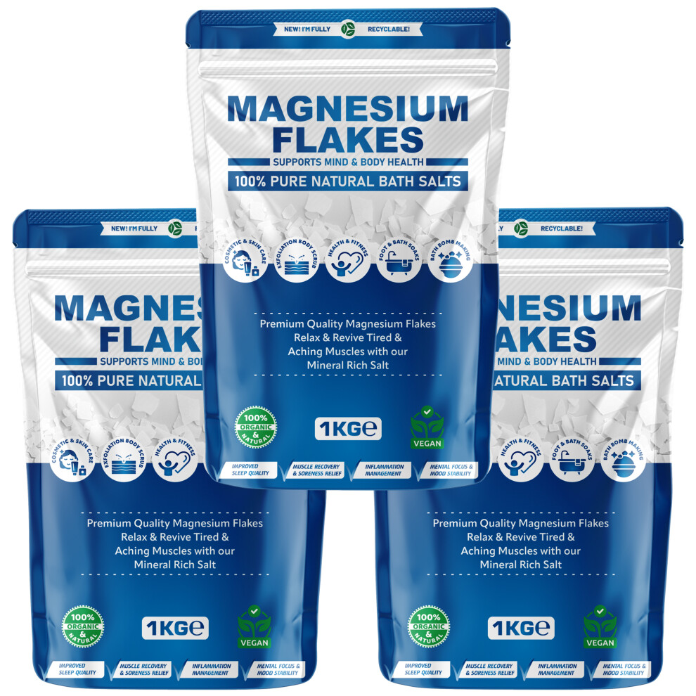 Pure Source Nutrition (Pack Of 3) Magnesium Flakes 1Kg Pure Natural Bath Salts