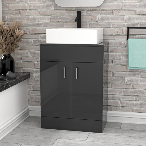 NES Home Nes Home Dark Grey 600mm Vanity Unit, Worktop With Square Bowl Basin 1