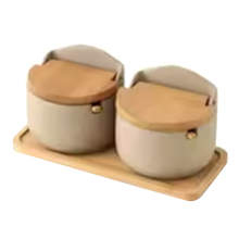 Pot à épices en argile de style japonais, couvercle en bambou, avec cuillère, boîte de rangement pour sucre, sel et épices, lot de 2