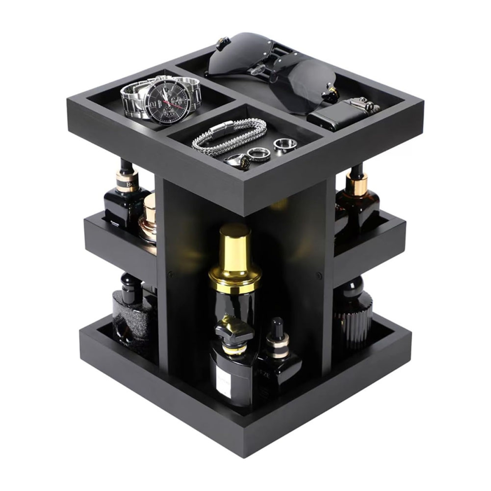 Exogio Black Cologne Organizer For Men 3 Tier Large Capacity Wood Perfume Shelf With Rotate,Desk&Nightstand Organizer,Gifts