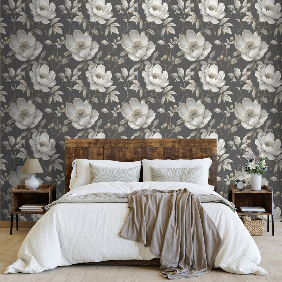 Muriva Charcoal Floral Wallpaper Leaf Textured Metallic Shimmer Gold/Grey
