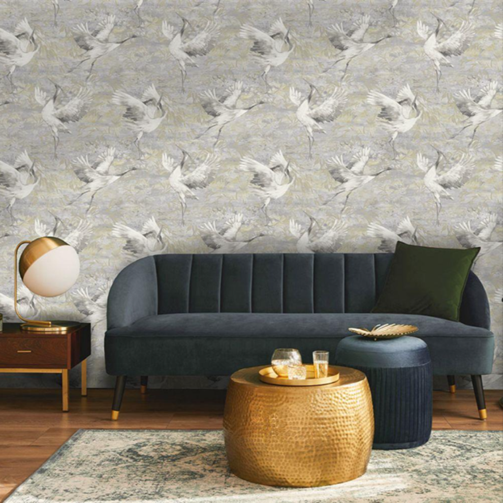 Holdens Sarus Grey Crane Metallic Wallpaper 36100 5060729373309