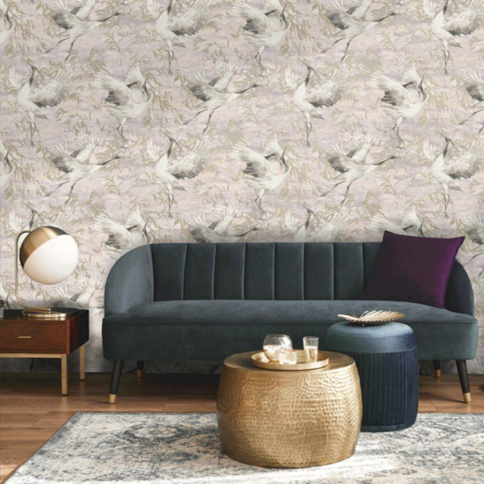 Holdens Sarus Pink Crane Metallic Wallpaper 5060729373316