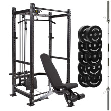 (226 x 60cm, 6ft Int'l) GYM MASTER GM3 Power Rack Cable System, Bench, 150kg Bumper Plates, and Optional 6ft Int'l or 7ft Barbell