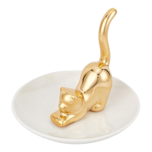 Cats Posture Ring Holder Golden Kitty Tail Dish Jewelry Tray Round Dishes Trinket Ceramic Storage Home