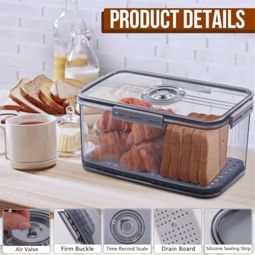 Bread Box Airtight Boxes for Kitchen Counter, Time Recording Storage Container with Lid, Holder 1
