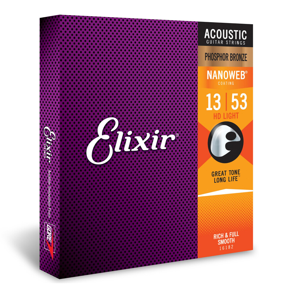 Elixir 16182 Strings Phosphor Bronze Acoustic Guitar Strings w NANOWEB Coating, HD Light (.013-.053)