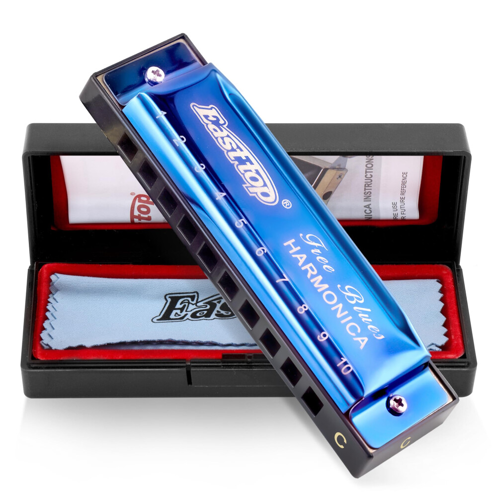 East top Blues Diatonic Harmonica in C, 10 Holes Blues Harp Mouth Organ harmonica for Adults, Harmonica for Beginners, Professional Player and Studen