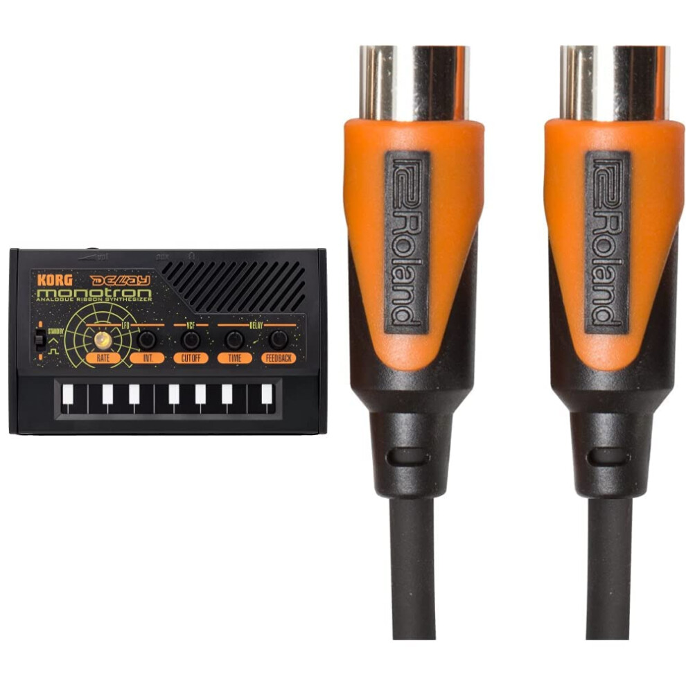 Korg MONOTRON-DELAY Analog Ribbon Synth with Delay Effect and Built-in Speaker & Roland Rmidi-B3 Black Series Midi Cable. Straight Din Connectors, 3F