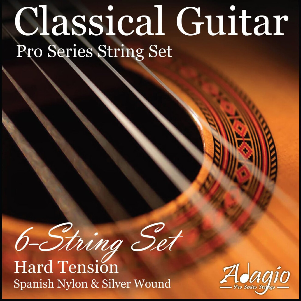 Classical Guitar Strings - Adagio Pro Series Hard Tension Classical Guitar String Set - Nylon And Silver Plated Wound Guitar Strings. Full Pack/Set o