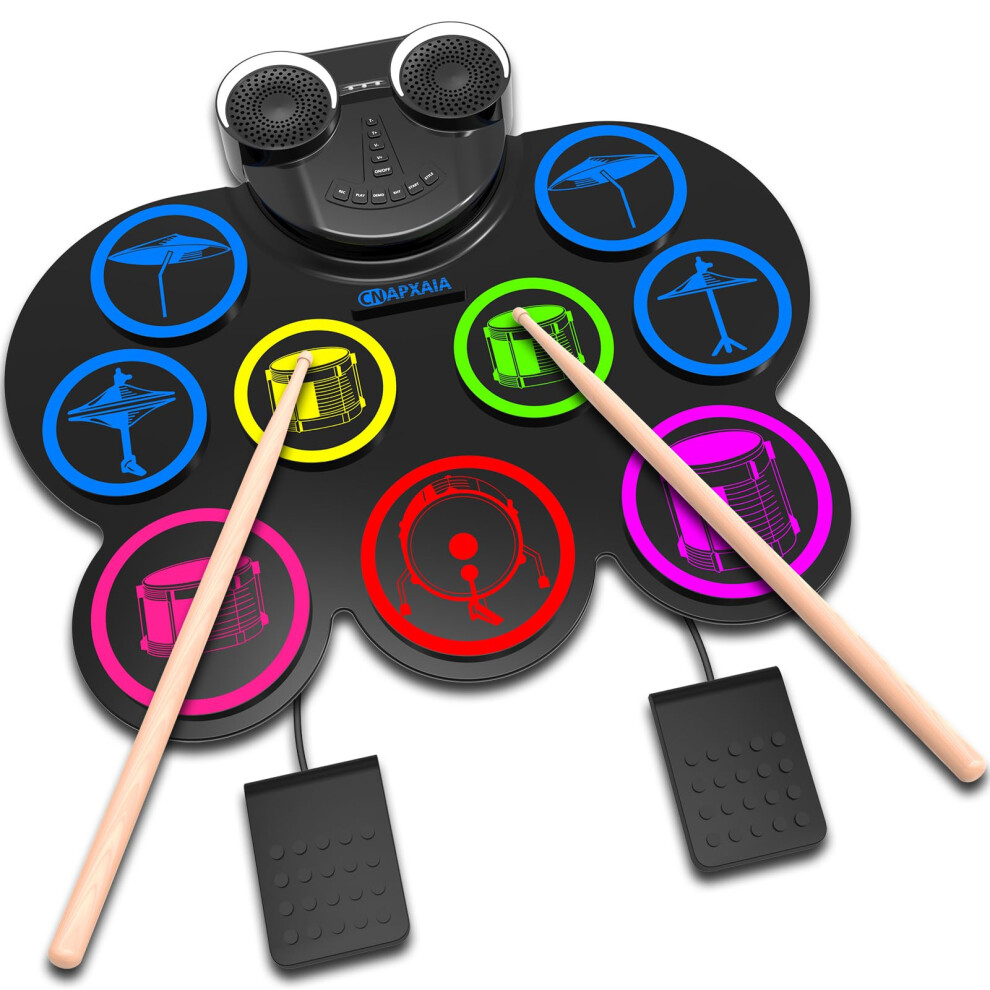 CNAPXAIA Electric Drum Kit, 9 Pads Silicone Kids Drum Set with Dual Speakers, Support Headphone/Bluetooth/MIDI Pratice Drum Kit, Perfect Musical Inst