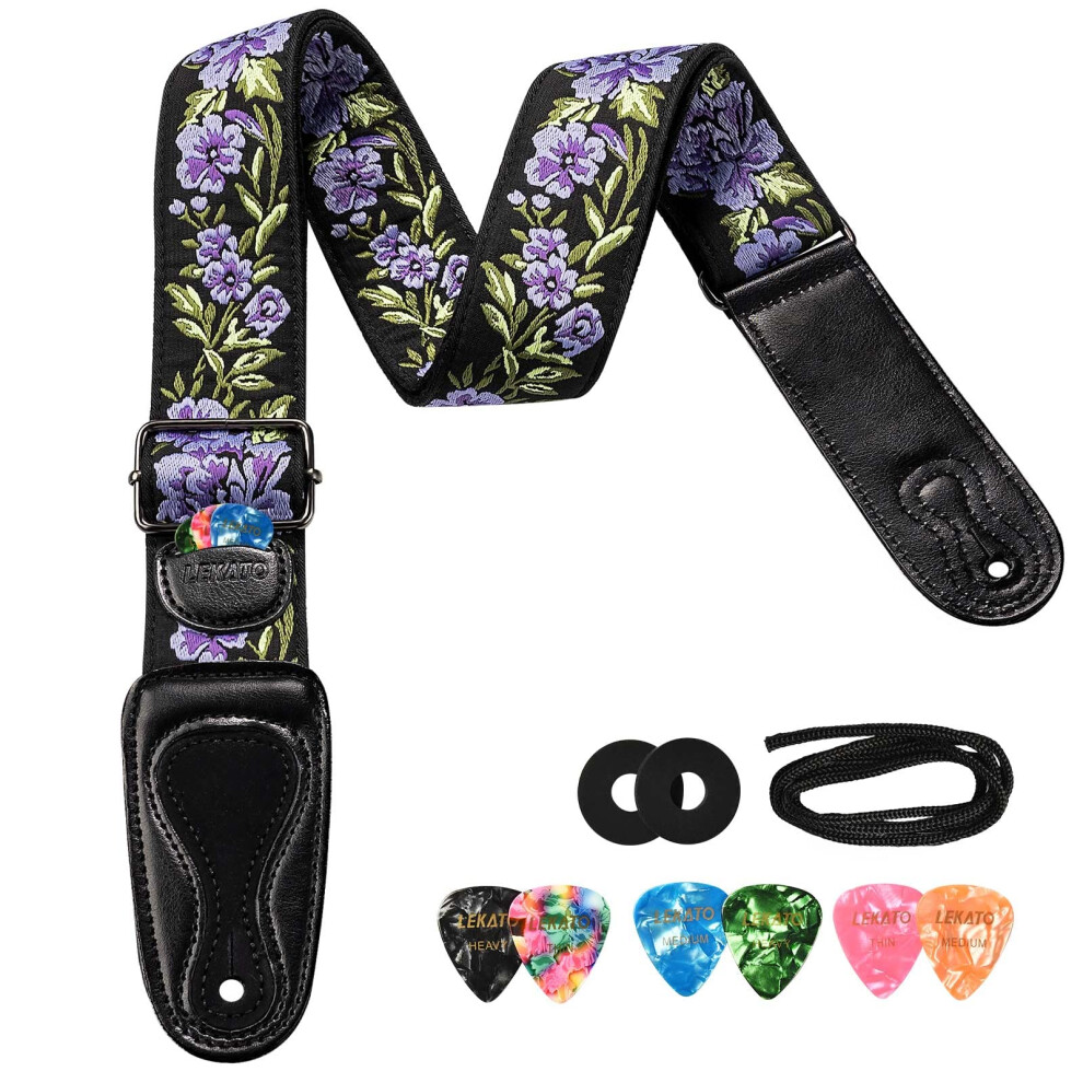 LEKATO Acoustic Guitar Strap, Guitar Strap Electric Guitar Belt Flower Embroidery Pattern Guitar Bass Strap for Acoustic and Electric Guitars Bass wi