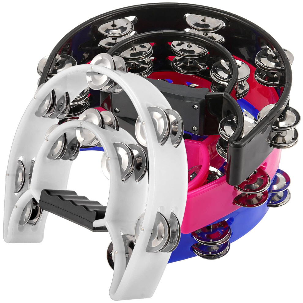 SINJEUN 4 Pack 10 Inch Double Row Tambourine, Metal Jingles Hand Held Percussion with Ergonomic Handle, 4 Colors Half Moon Musical Tambourine for Beg