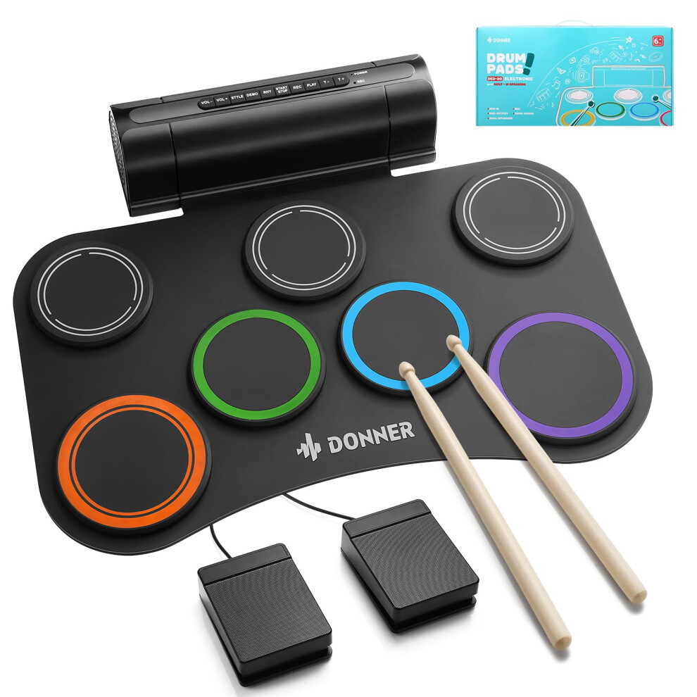 Donner 7 PAD Electric Drum Roll Up Quiet Drum Kit With Speaker, 40 Drum Lessons Included, Kids Birthday &, Model: DED-20