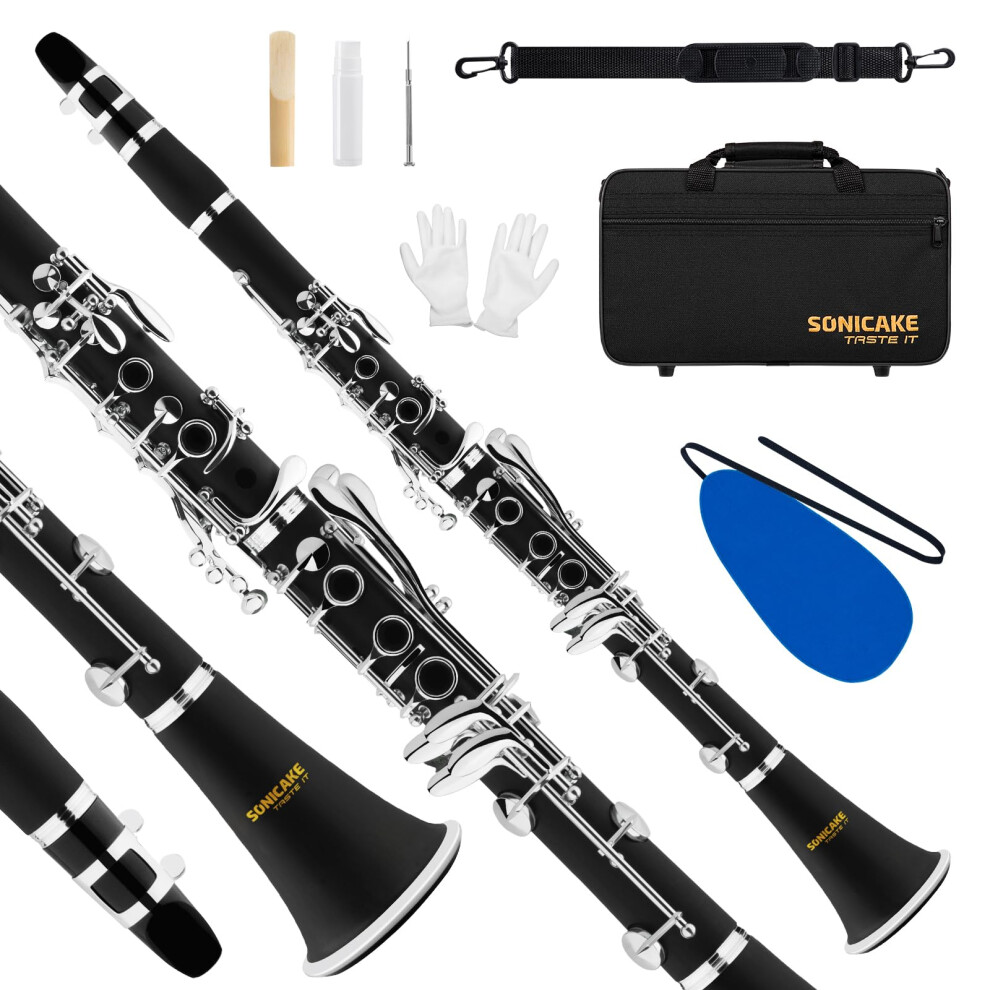 SONICAKE B Flat Clarinet for Beginner, Ebonite Clarinet Nickel-plated with 2 Barrels, Original Flute Head, Reeds, White Gloves, Hard Case, Cleaning K