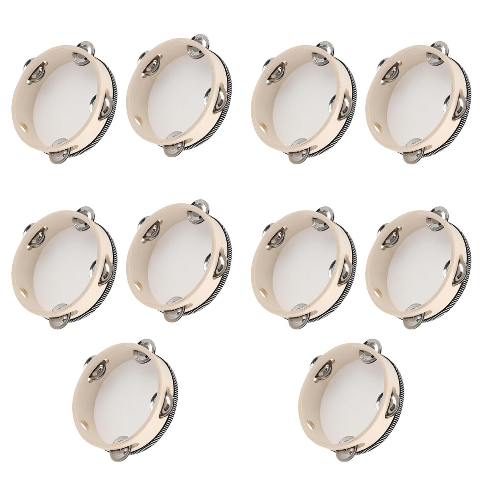 10 Pack 6 Inch Wooden Tambourine Drums with Jingles Round TambourineΓ’ΒΒ Handheld Percussion Instrument for Kids, Church, KTV & Music Education