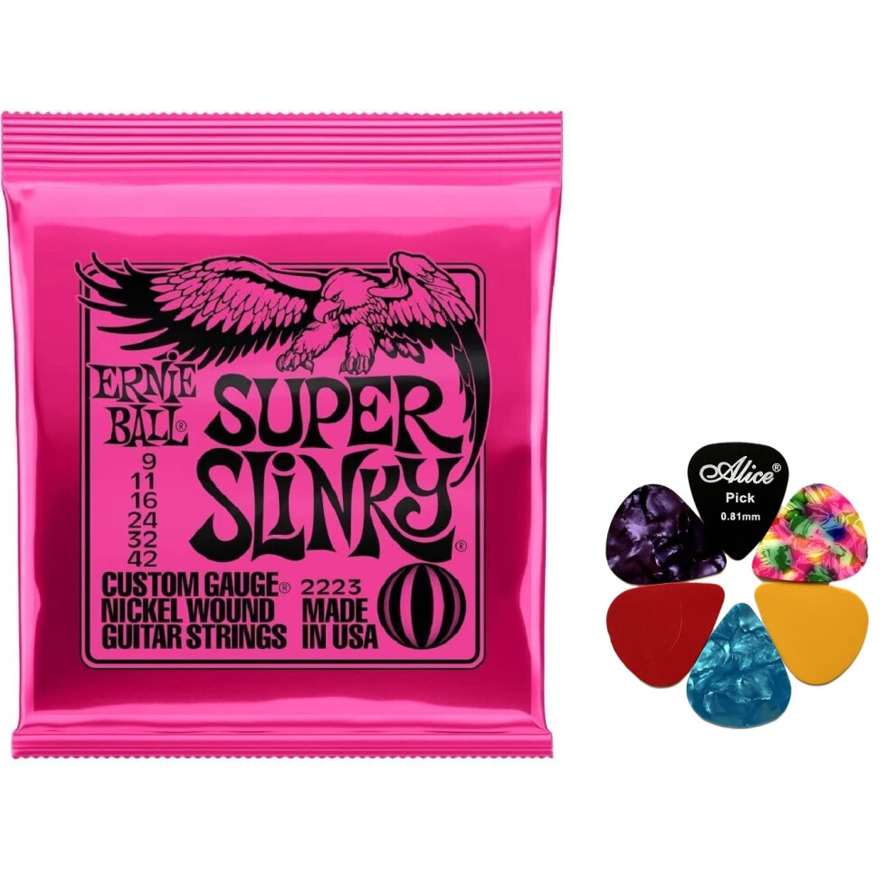 Bundle Ernie Ball Super Slinky Guitar Strings 2223 (9-42) with 6 plectrums
