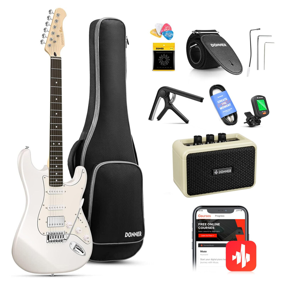 Donner Electric Guitar Kit, Full Size 39 Inch Solid Body E Guitar Set with Amplifier, Bag, Capo, Strap, String, Tuner, Cable and Picks (Polar White)