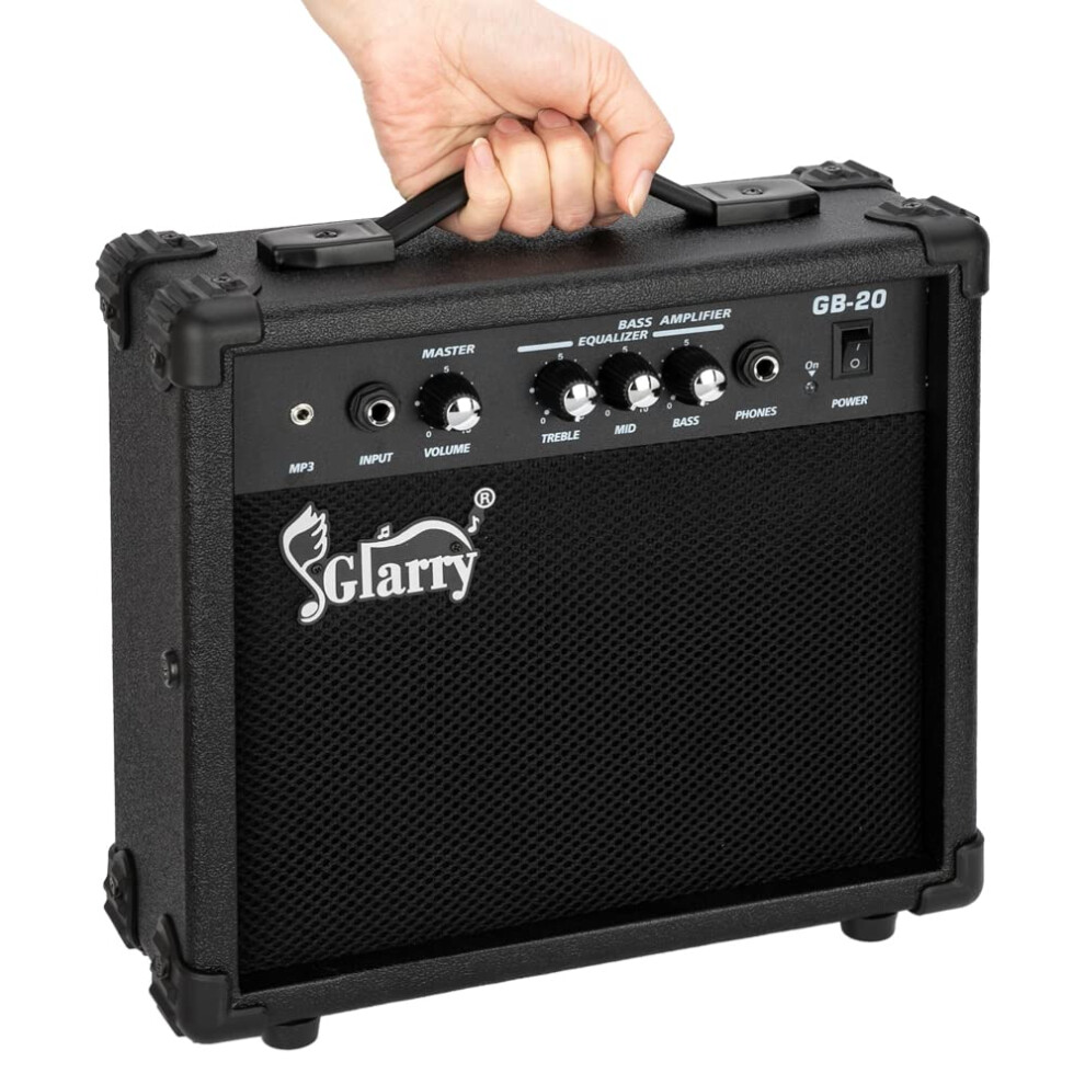 GLARRY Amplifier for Electric Bass Guitar, Portable Vox Bass Headphone Amp with MP3 Input, Bass Practice Amp 20W with Volume, Treble, Bass and Middle