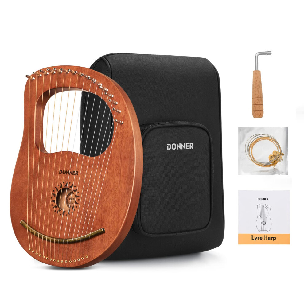 Donner Lyre Harp, 16 Metal Strings, Mahogany Body and Copper Saddle DLH-003 Lyre Harp with Tuning Wrench, Spare String Set, Gig Bag, Manual, Ancient