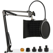 Frgyee Microphone Isolation Shield with Mic Stand and Pop Filter, Foldable Sound Shield for Most Condenser Microphone, High Density Absorbent Foam to