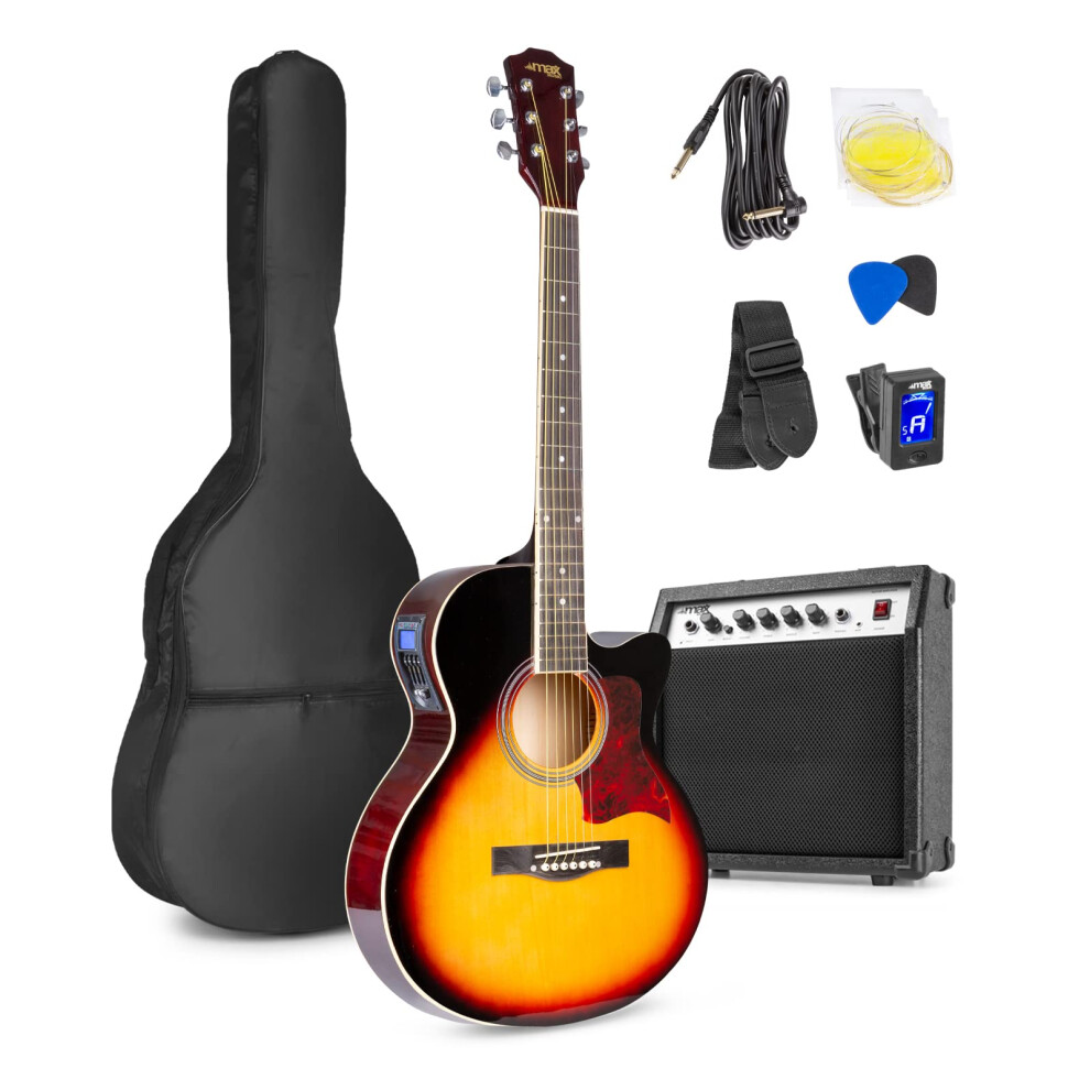 Sunburst Beginner Electric Acoustic Guitar Starter Kit - Complete Electro Acoustic Package With 40W Amp, Built-in LED Tuner & EQ, Ideal For Learners