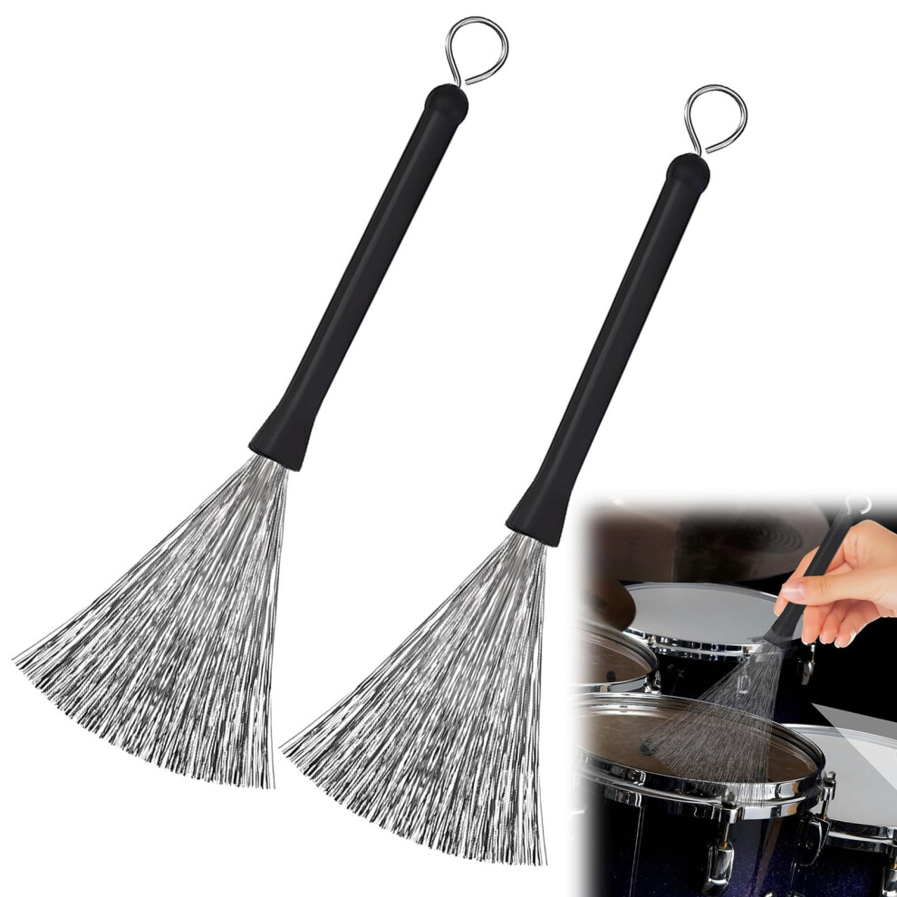 2Pcs Drum Brushes, Retractable Wire Brushes, Drums Drum Sticks Brush, with Comfortable Rubber Handles Percussion Brushes for Jazz, Rock, Acoustic, Co