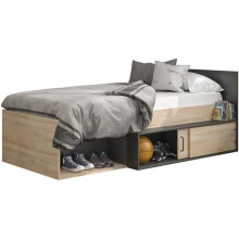 Cama infantil GAMI Erquy com arrumação - Carvalho Kronberg claro e decoração preta - 90 x 200 cm